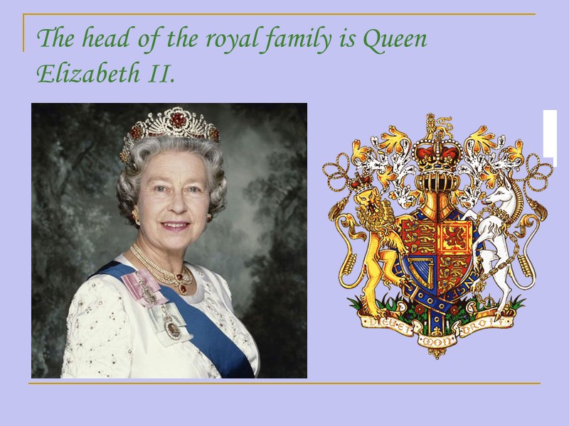 The head of the royal family is Queen Elizabeth II.